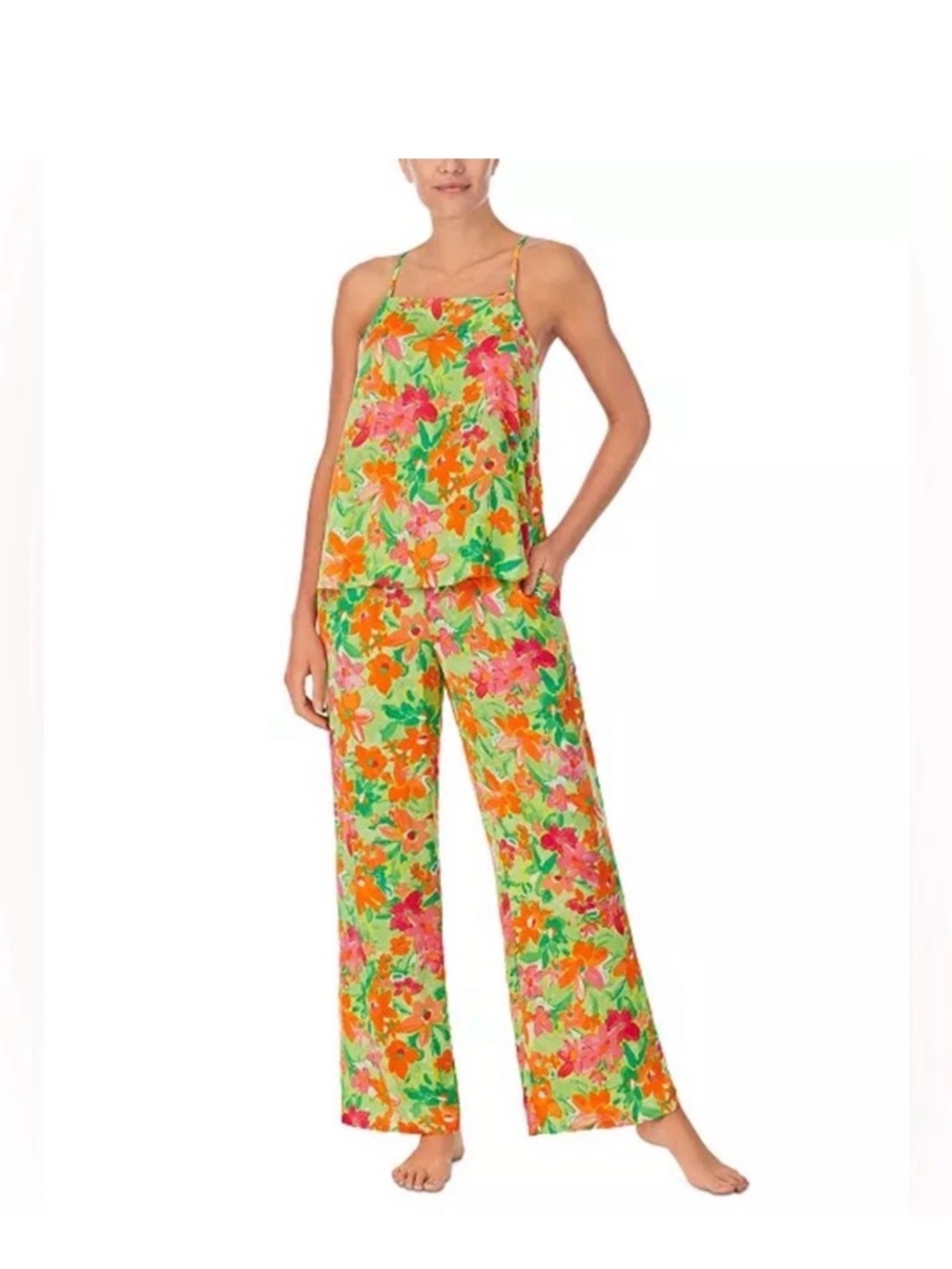Sanctuary Floral Camisole & Wide-Leg Pajama Set in Green, Orange & Pink